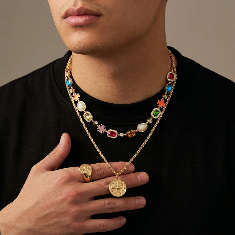 Men's layered gemstone necklace and gold rope chain compass pendant on the neck — Jaxson Cole