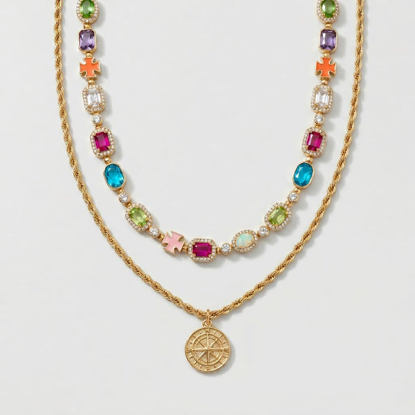 Amalfi Gemstone Necklace Set — gold-tone layered gemstone necklace with compass pendant | Jaxson Cole