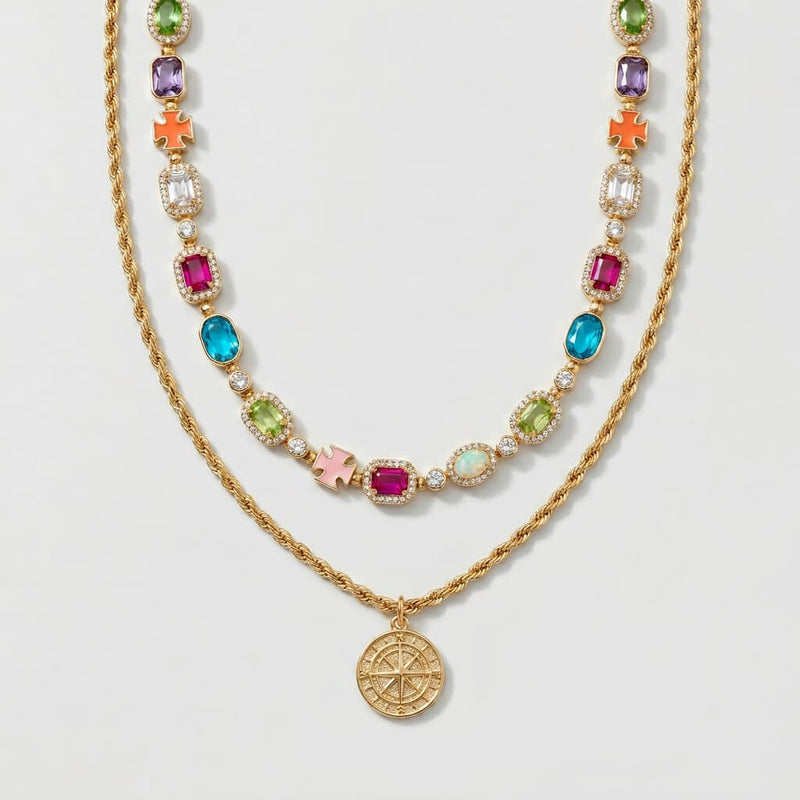 Amalfi Gemstone Necklace Set — gold-tone layered gemstone necklace with compass pendant | Jaxson Cole