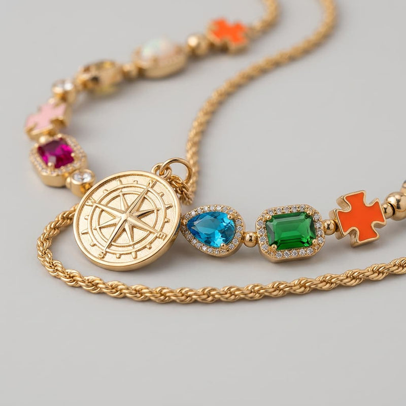 Colorful faceted gemstone necklace in gold-tone bezels, layered set — Jaxson Cole